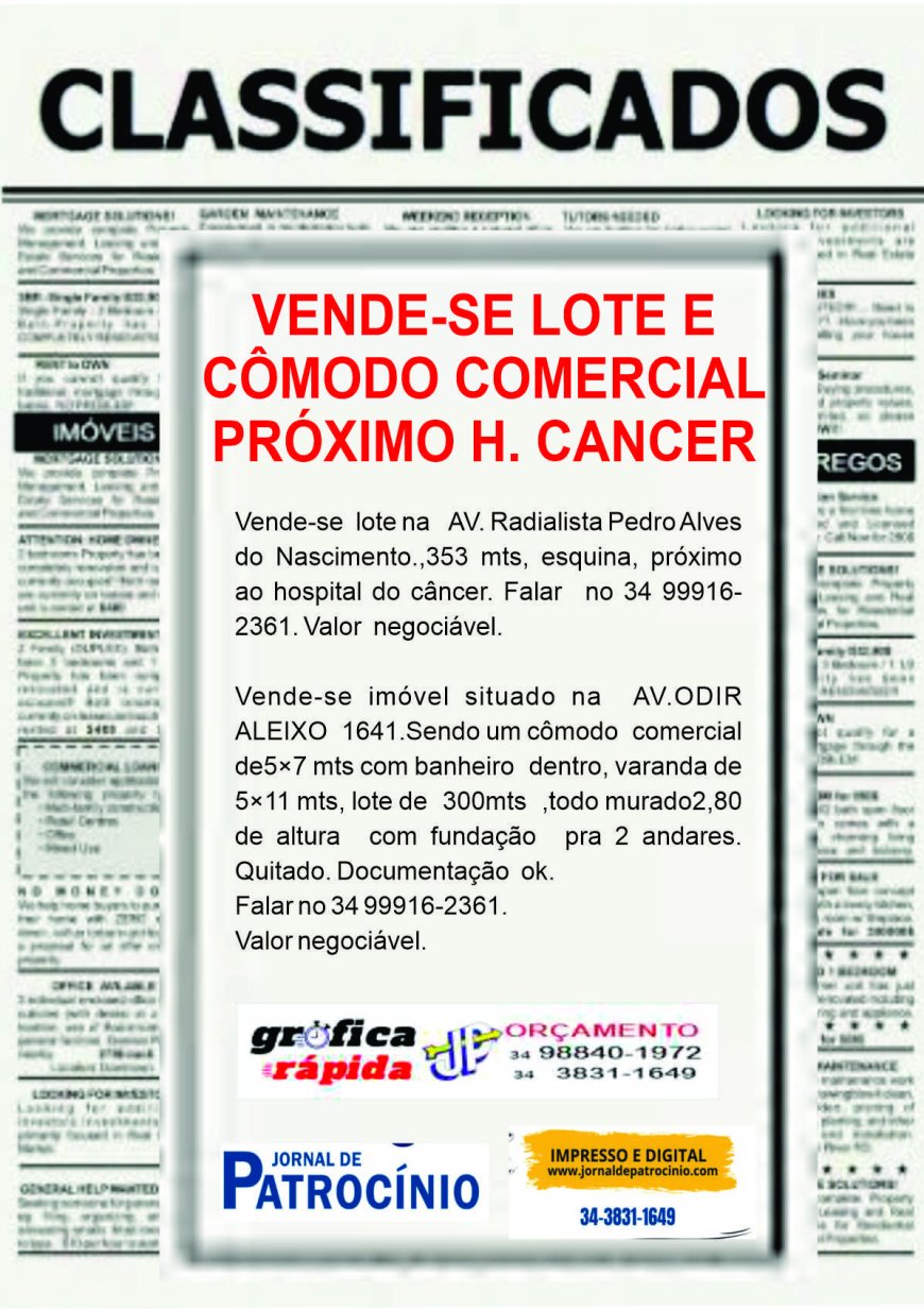 VENDE-SE LOTE E  CÔMODO COMERCIAL PRÓXIMO HOSPITAL DO CANCER