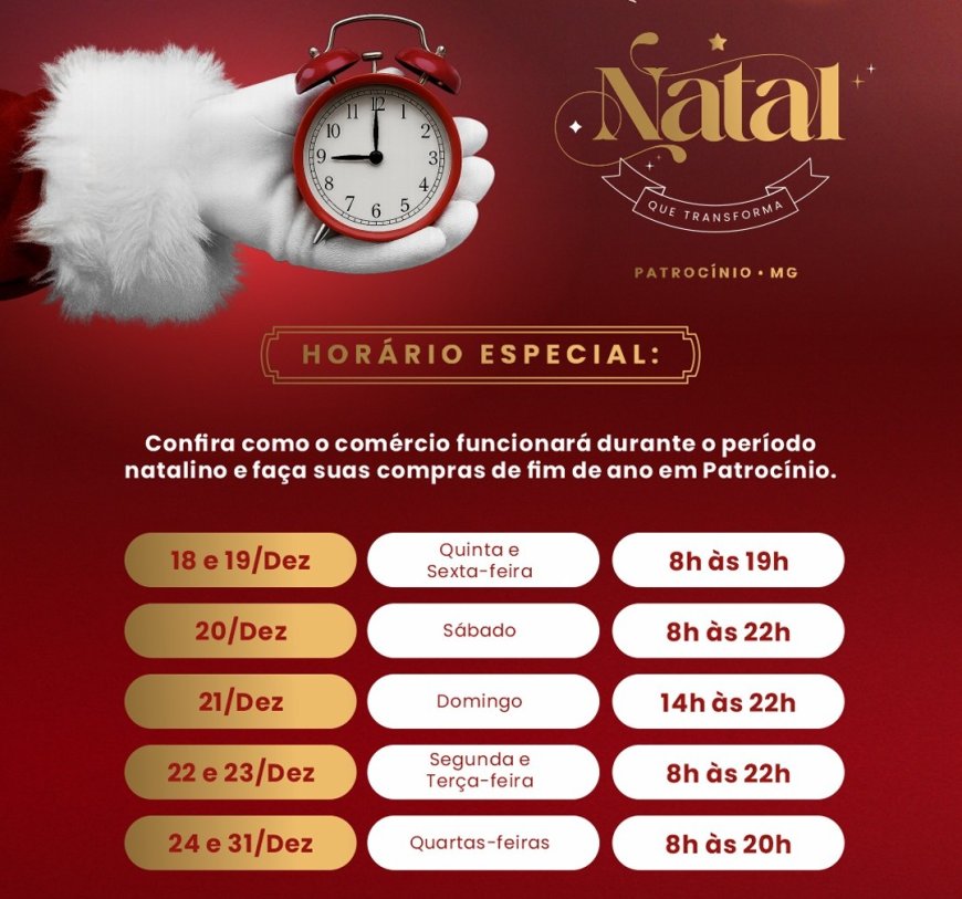 ACIP/CDL ORIENTAM REGRAS E HORÁRIOS PARA O COMÉRCIO NO FIM DE ANO EM PATROCÍNIO 